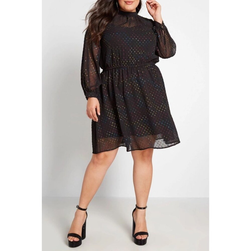 ModCloth NWT Rainbow Dots Established Aplomb Long Sleeve Dress In Black size 1X